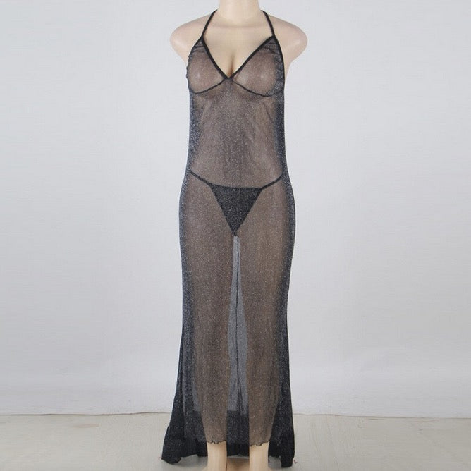 FASHION PERSPECTIVE WOMEN NIGHTGOWNS BLACK FLASH MESH HALTER V NECK MAXI SLEEPWEAR LADY LONG NIGHTWEAR PERSPECTIVE NIGHT DRESS