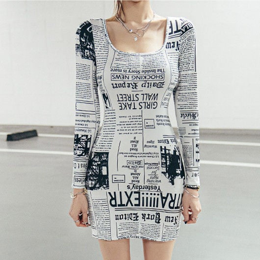 FASHION LONG SLEEVE NEWSPAPER PRINTED OFF SHOULDER DRESS