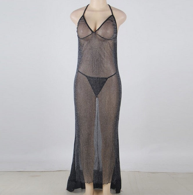 FASHION PERSPECTIVE WOMEN NIGHTGOWNS BLACK FLASH MESH HALTER V NECK MAXI SLEEPWEAR LADY LONG NIGHTWEAR PERSPECTIVE NIGHT DRESS