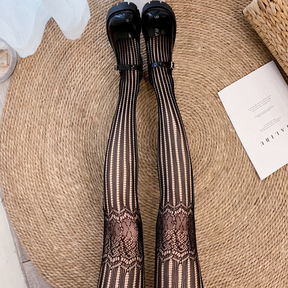 FISHNET BLACK STOCKINGS RETRO STRIPED HOLLOW LACE ONE-PIECE TIGHTS