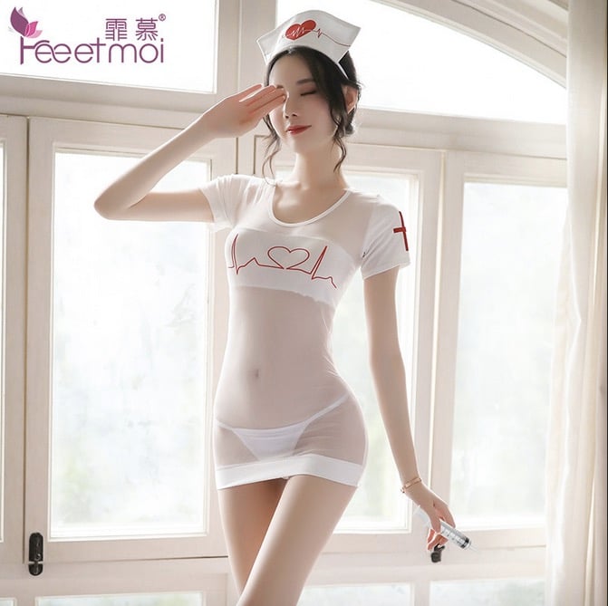 FASHION LACE WHITE NURSE MINI DRESS FOR WOMEN