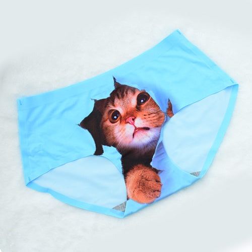 3D KITTY MEOW CAT HEAD ICE SILK SEAMLESS HIP-UP GIRL PANTIES