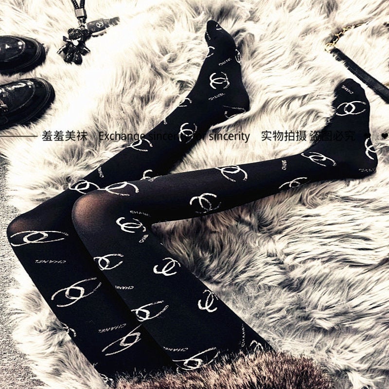 SPRING AND AUTUMN DOUBLE G PRINTED EMBROIDERED BLACK SILK LETTER TIGHTS