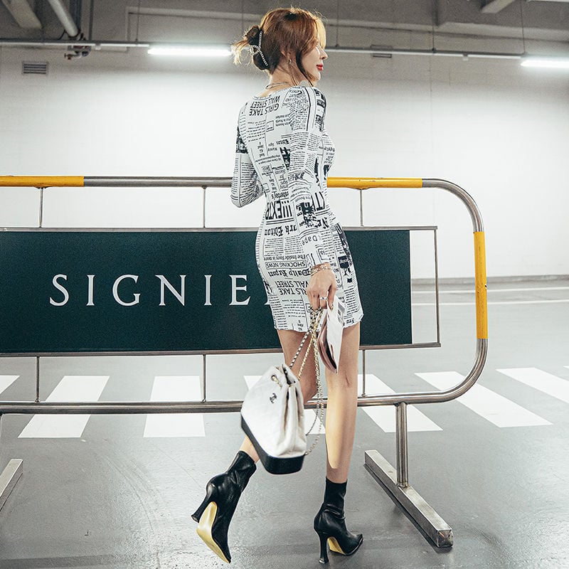 FASHION LONG SLEEVE NEWSPAPER PRINTED OFF SHOULDER DRESS