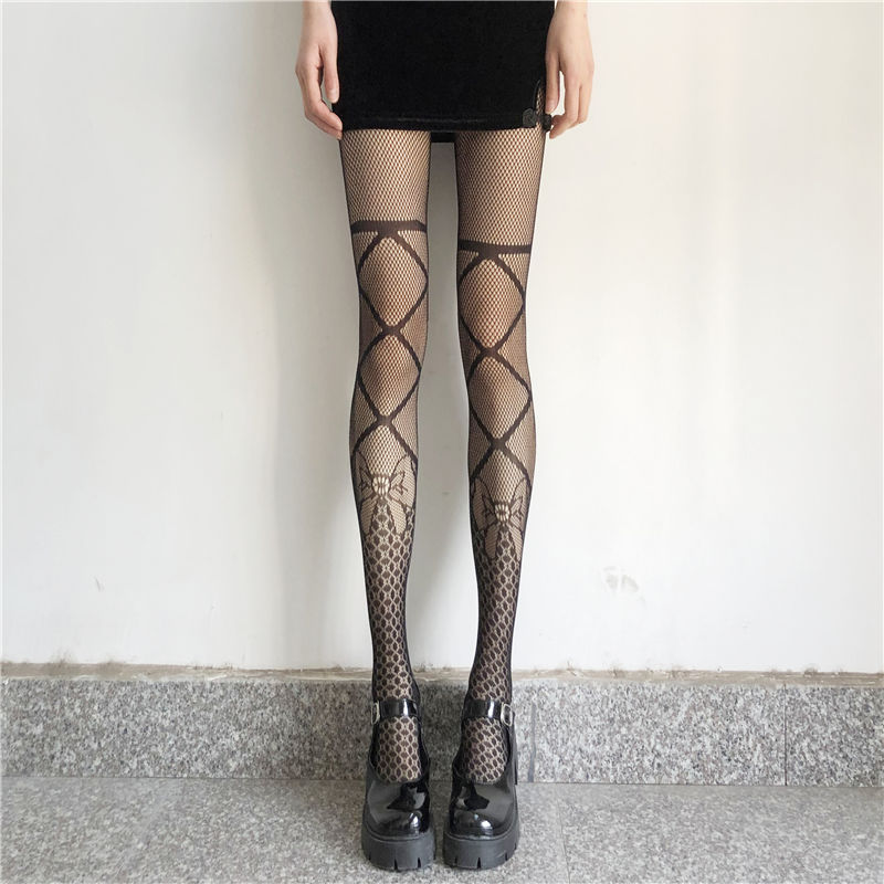 BOW TIE FISHING NET SOCKS JK BLACK SILK FASHION HOLLOW ONE-PIECE PANTYHOSE