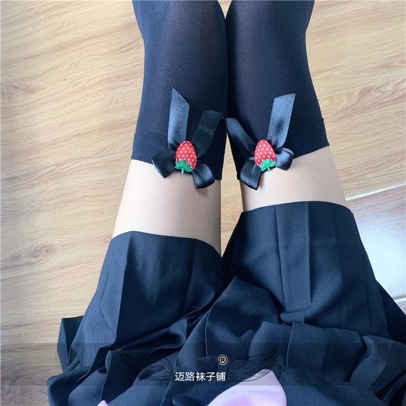 JK SOCKS LOVELY HIGH TUBE KNEE SOCKS STRAWBERRY BOW VELVET BEAUTIFUL LEG LOLITA SILK STOCKINGS