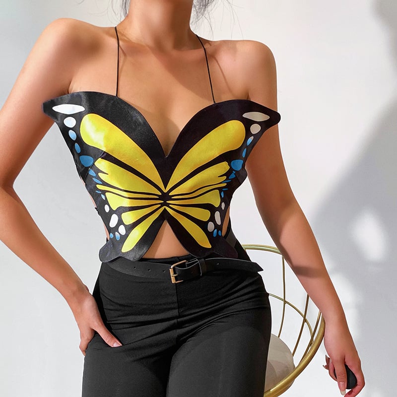 KAWAII CLOTHING BUTTERFLY WINGS CROP TOP BACKLESS PINK BLUE HARAJUKU FUN KOREA JAPAN