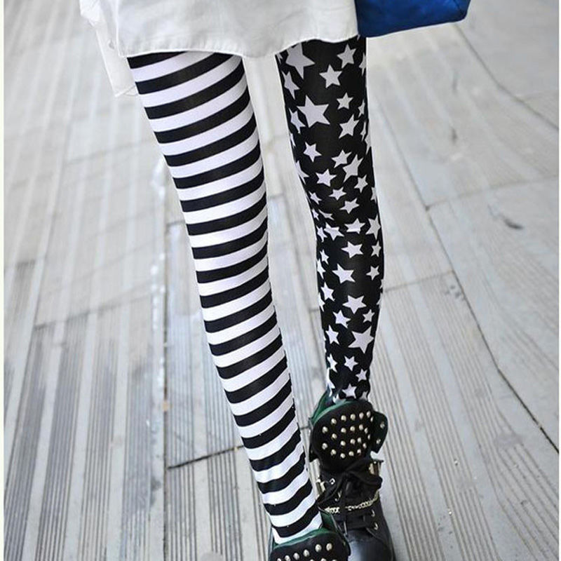 ICE SILK LEGGINGS STRIPED STAR CONTRAST PRINTING ELASTIC TIGHT SKINNY PANTS
