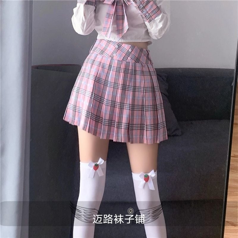 JK SOCKS LOVELY HIGH TUBE KNEE SOCKS STRAWBERRY BOW VELVET BEAUTIFUL LEG LOLITA SILK STOCKINGS
