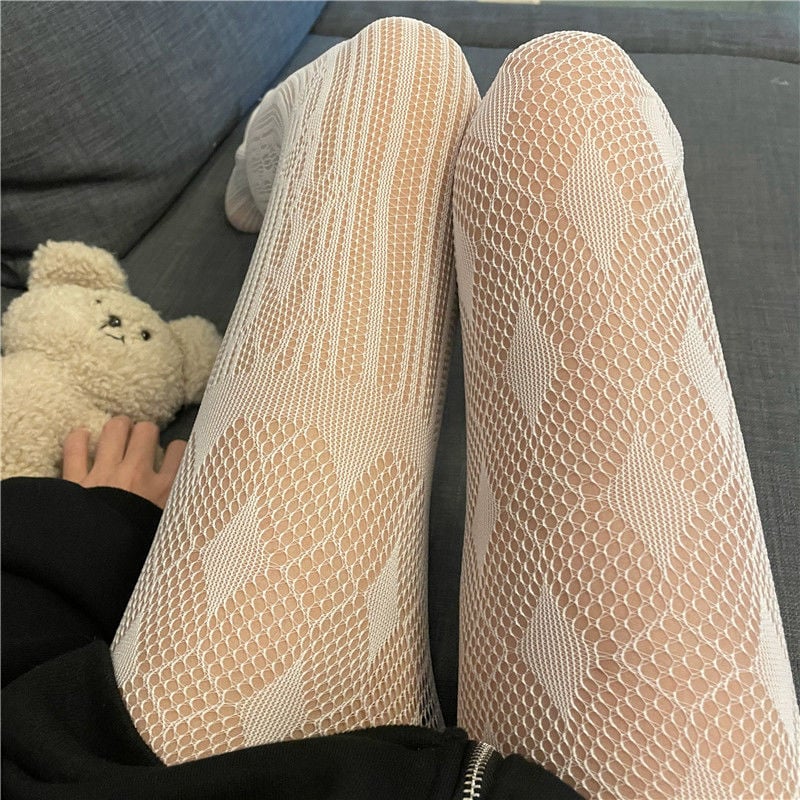 LOLITA WHITE LACE NET SOCKS ASYMMETRIC DESIGN LINGGE STAR HOLLOW FISHING NET SOCKS