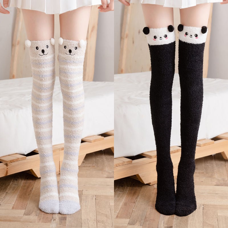 WINTER WARM KNEE THICK SOCKS FEMALE CORAL FLEECE WINTER LONG TUBE WAS THIN JK STUDENT CUTE BEAR HIGH TUBE SOCKS