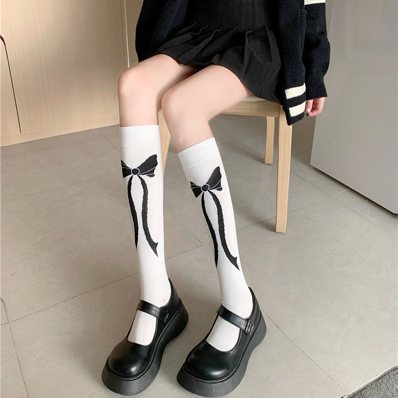 COLLEGE STYLE BOWKNOT TUBE SOCKS WOMEN'S KNITTED CALF SOCKS DARK LINE LOLITA PILE SOCKS
