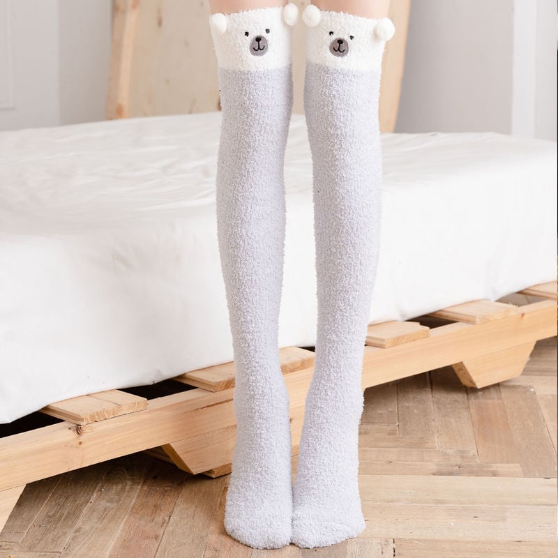 WINTER WARM KNEE THICK SOCKS FEMALE CORAL FLEECE WINTER LONG TUBE WAS THIN JK STUDENT CUTE BEAR HIGH TUBE SOCKS