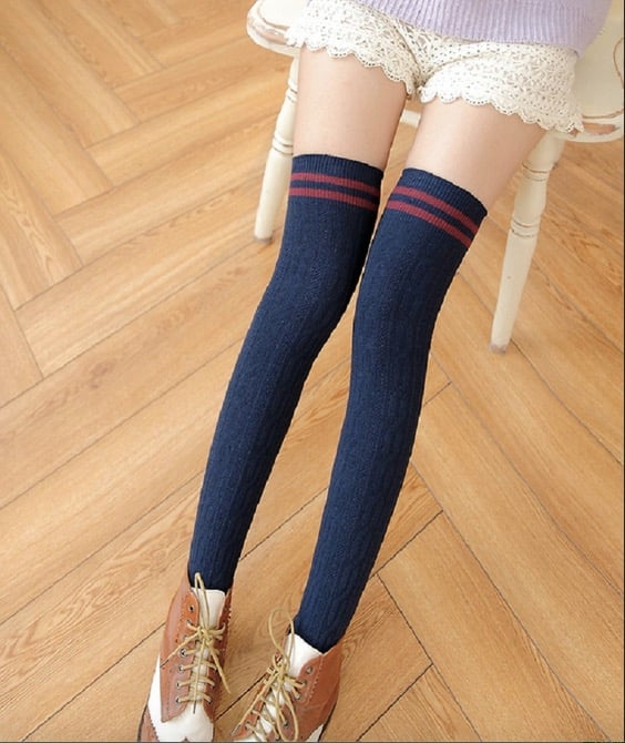 WOMEN'S TOP FASHION SWEET SOLID COLOR KNIT COTTON BREATHABLE OVER THE KNEE LONG STRIPED THIGH HIGH STOCKING HIGH ELASTIC UNDERWEAR