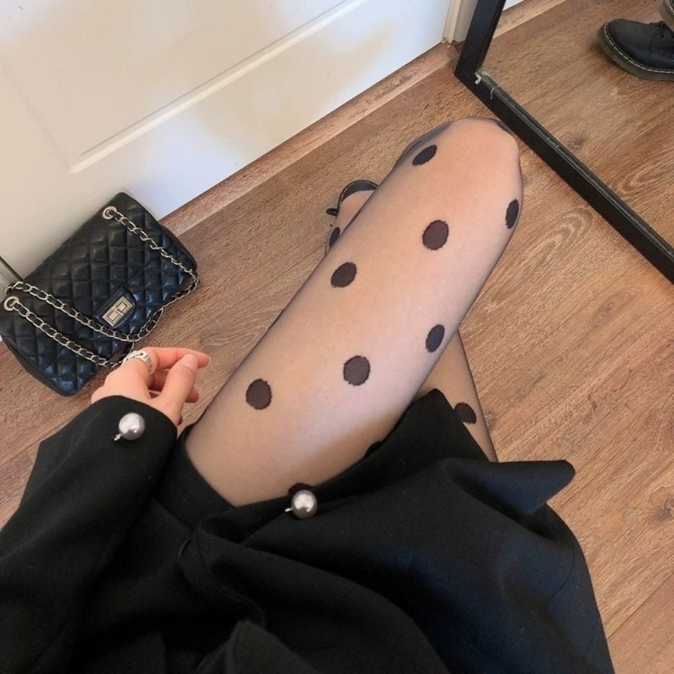 BLACK POLKA DOT STOCKINGS JACQUARD PANTYHOSE WAVE POINT BOTTOMING SOCKS