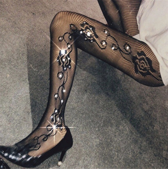 TIGHTS WITH RHINESTONE FASHION WOMEN STOCKINGS FISHNET PANTYHOSE SHINY STOCKINGS