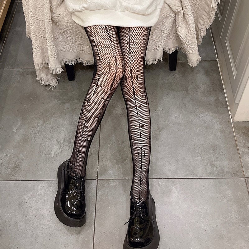 DARK CROSS HOLLOWED OUT FISHING NET SOCKS JK BLACK SILK THIN LEG SILK SOCKS