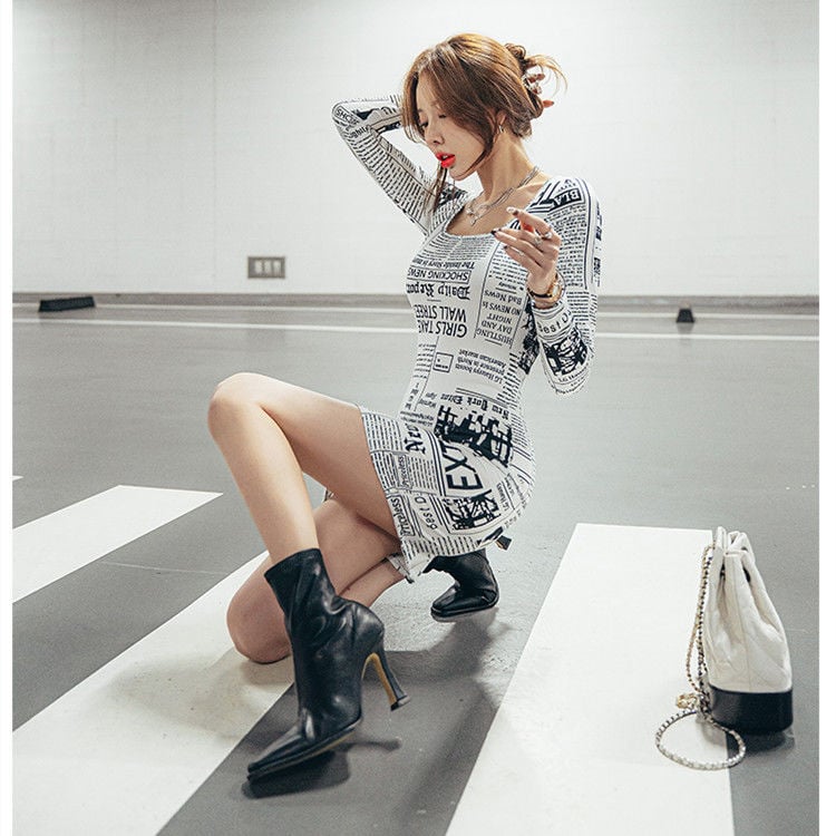 FASHION LONG SLEEVE NEWSPAPER PRINTED OFF SHOULDER DRESS