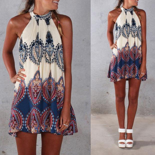 Halter neck Print Back Keyhole Sleeveless Loose Short Dress