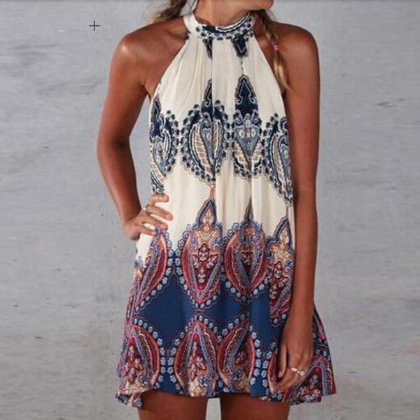 Halter neck Print Back Keyhole Sleeveless Loose Short Dress